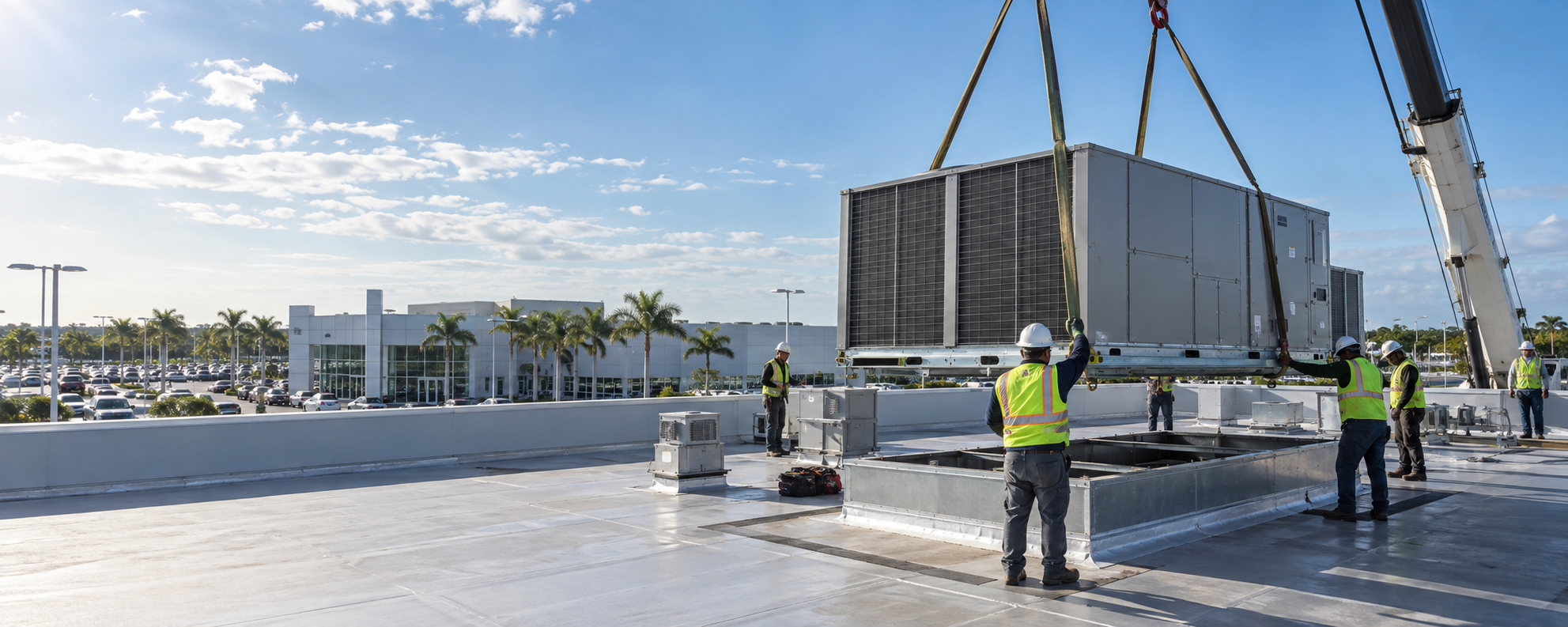 Large commercial rooftop air-conditioning unit being crane-set by a professional crew
